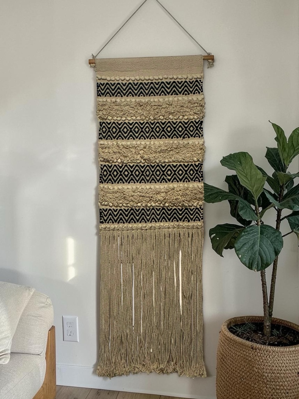 Large Boho Woven Wall Hanging Tapestry w/ Fringe Tassels, Black/Beige Geometric